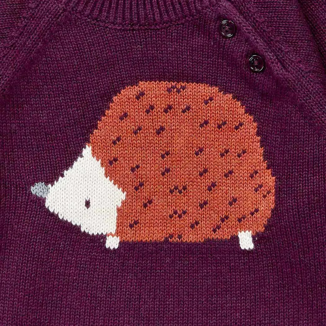 Sense Organics Baby Strickpullover mit Igel auf Bordeauxrot, Modell NAVIN