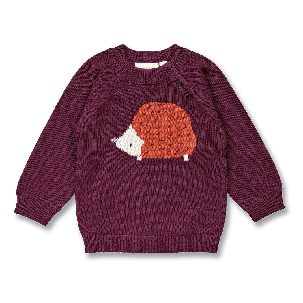 Sense Organics Baby Strickpullover mit Igel auf Bordeauxrot, Modell NAVIN