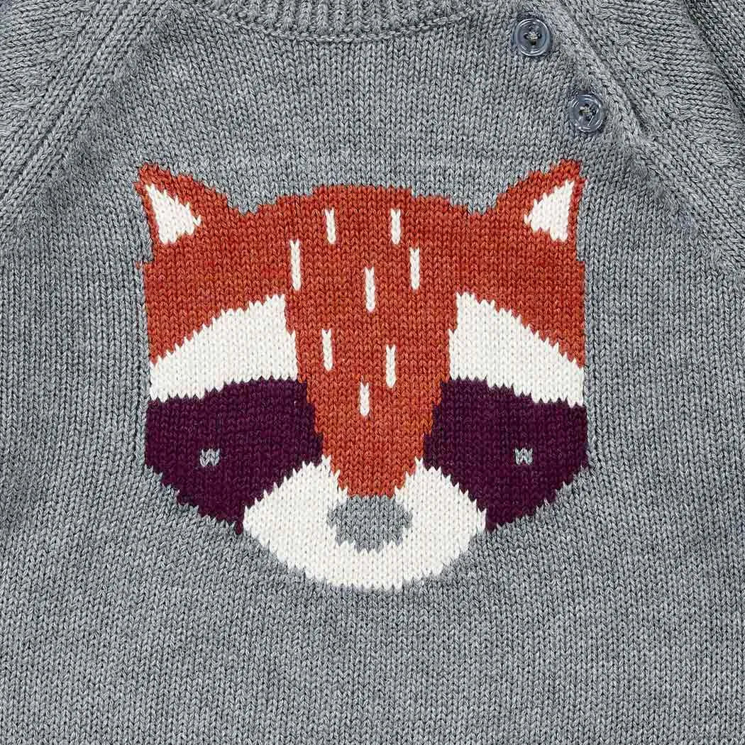 Sense Organics Baby Strickpullover mit Waschbär auf Anthrazit, Modell NAVIN
