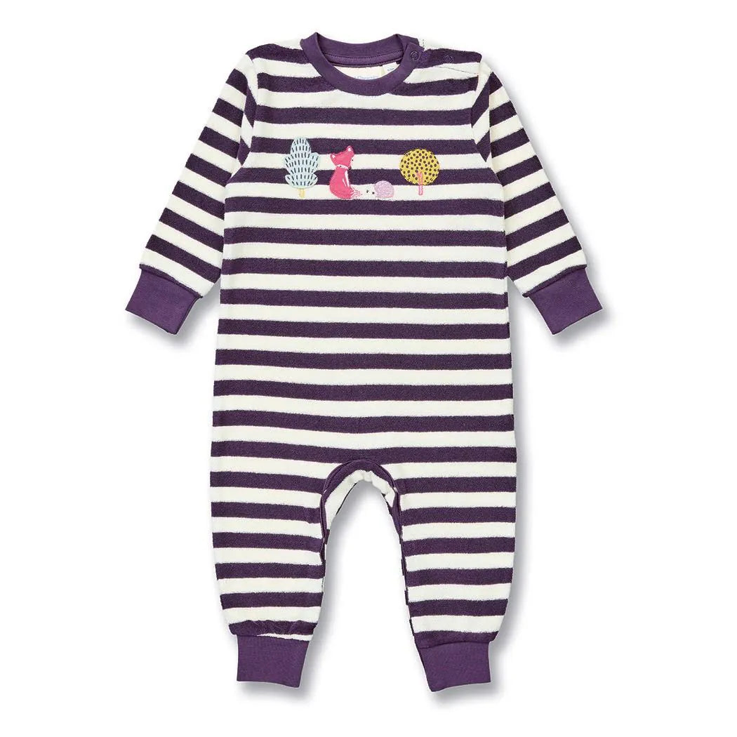 Sense Organics Strampler aus Frottee in Pflaumenlila geringelt, Modell VIKTOR